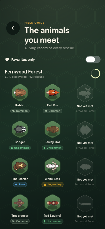 The field guide, showing a rabbit, a red fox, a badger, a tawny owl and other animals that have been met.